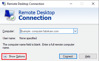 คลิกที่แสดงตัวเลือก แก้ไขการเชื่อมต่อเดสก์ท็อประยะไกลเกิดข้อผิดพลาดภายใน