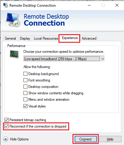 สลับไปที่แท็บประสบการณ์และทำเครื่องหมายที่ช่องสำหรับเชื่อมต่อใหม่หากการเชื่อมต่อหลุด Connect