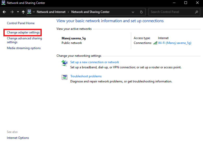 คลิกที่ Network and Sharing Center แก้ไขการเชื่อมต่อเดสก์ท็อประยะไกลเกิดข้อผิดพลาดภายใน