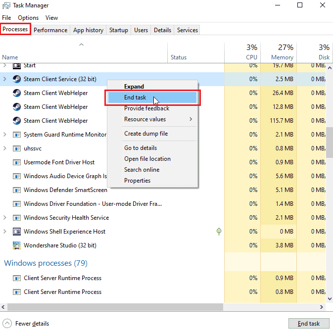 คลิกกระบวนการและคลิกขวาที่ Steam แล้วคลิกสิ้นสุดงาน