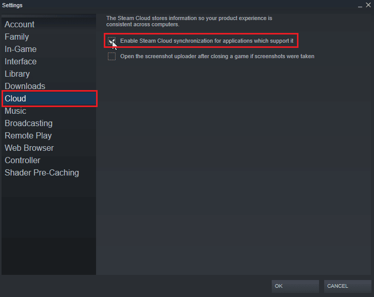 คลิกแท็บคลาวด์แล้วคลิกเปิดใช้งานการซิงโครไนซ์คลาวด์บน Steam