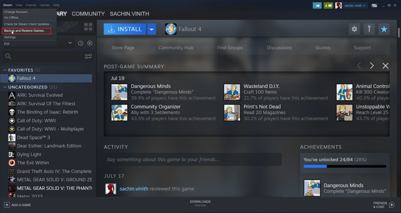 คลิกที่ Steam และคลิกที่สำรองและกู้คืนเกม วิธีทำให้ Steam ลบบันทึกบนคลาวด์