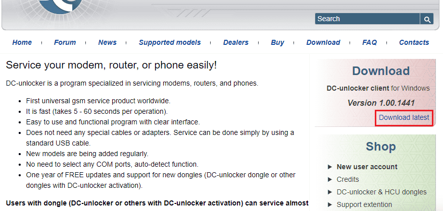 เปิดเว็บไซต์อย่างเป็นทางการของเครื่องมือ DC Unlocker และคลิกที่ตัวเลือกดาวน์โหลดล่าสุดในไคลเอนต์ DC Unlocker สำหรับ Windows