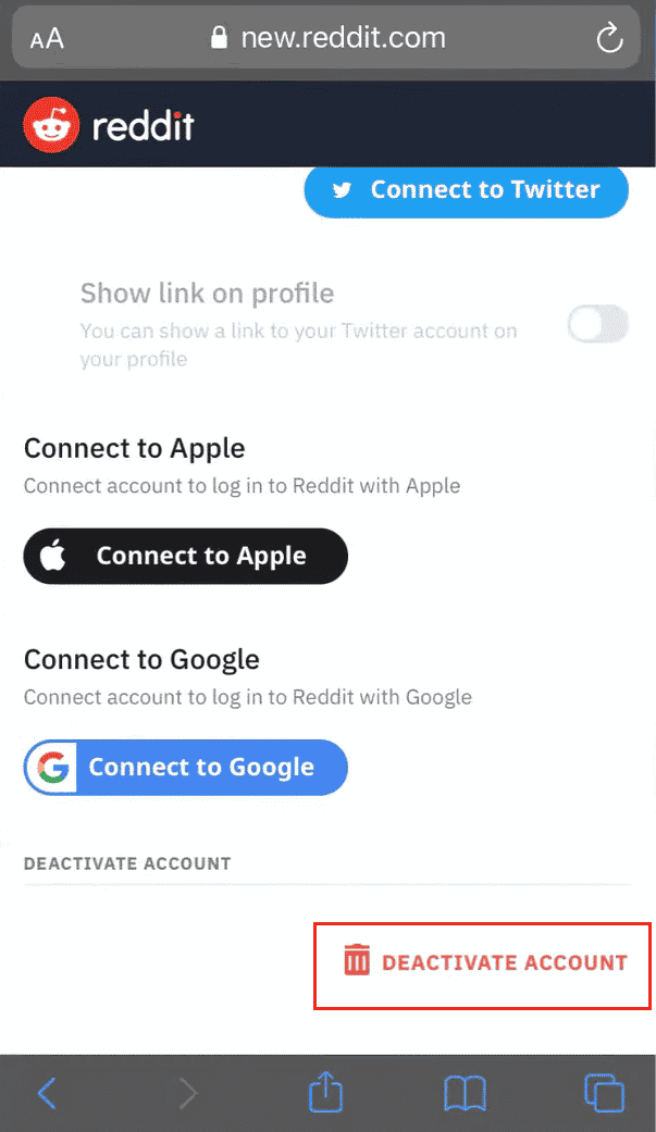Scorri verso il basso fino alla fine della pagina e tocca DISATTIVA ACCOUNT | eliminare definitivamente Reddit