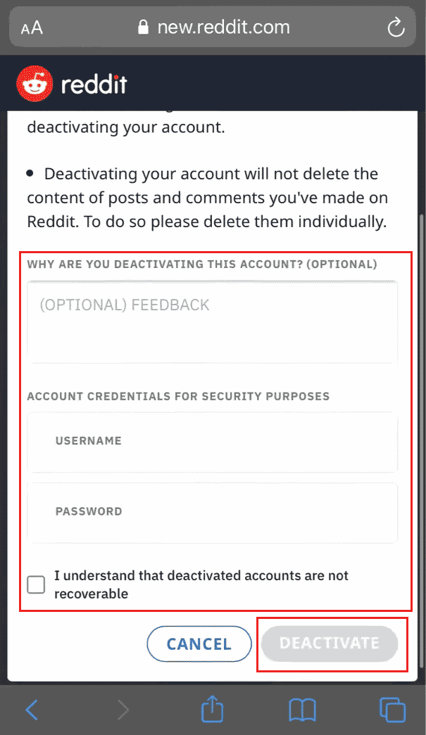 Immettere FEEDBACK FACOLTATIVO, NOME UTENTE e PASSWORD. Tocca per selezionare la casella di controllo Capisco e tocca DISATTIVA | Come eliminare l'account Reddit sull'app | eliminare definitivamente Reddit