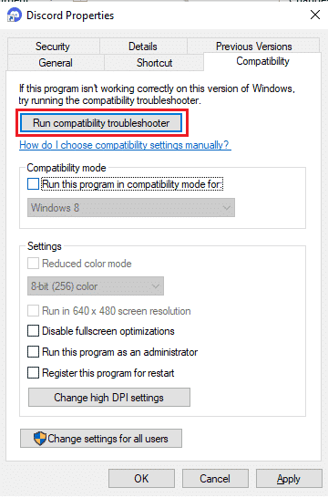 เรียกใช้ตัวแก้ไขปัญหาความเข้ากันได้ แก้ไขข้อผิดพลาด 1105 Discord ใน Windows 10