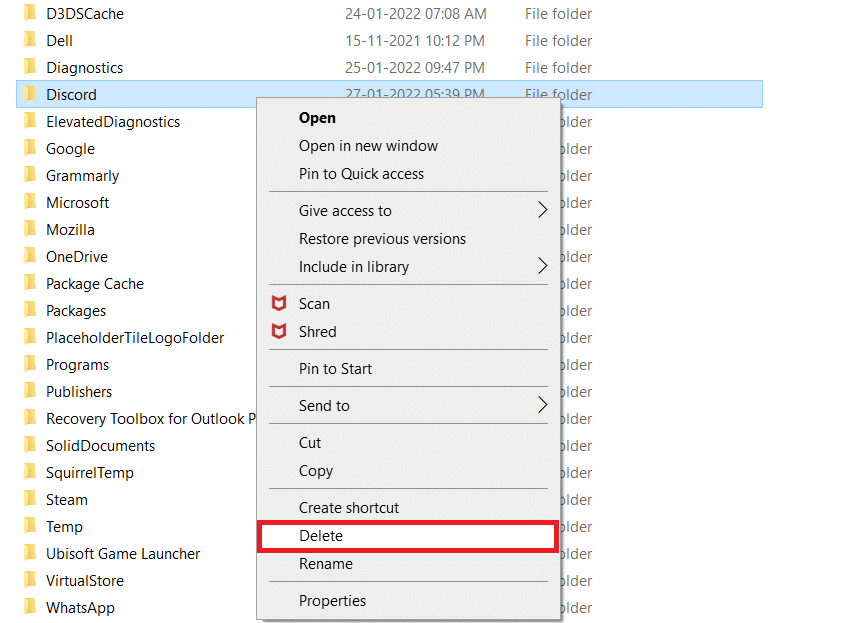 คลิกขวาที่ Discord แล้วเลือก Delete แก้ไขข้อผิดพลาด 1105 Discord ใน Windows 10