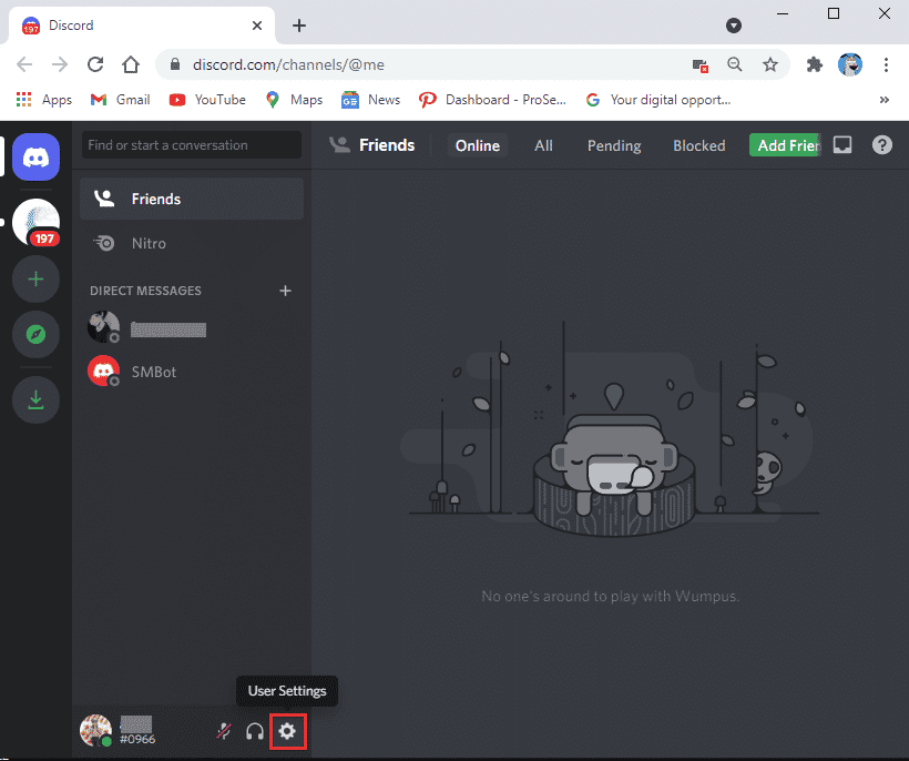 คลิกที่ไอคอนรูปเฟือง แก้ไขข้อผิดพลาด 1105 Discord ใน Windows 10