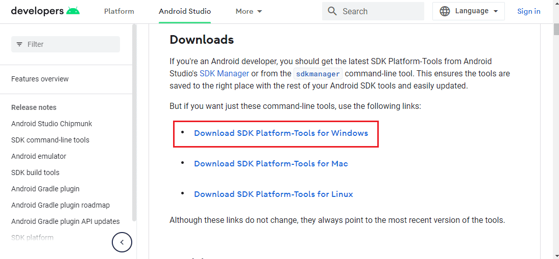 Откройте официальный сайт для загрузки Android SDK Platform Tools и нажмите на ссылку Download SDK Platform Tools for Windows в разделе Downloads.