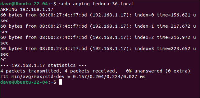 Utilizzo dell'arping con un indirizzo IP