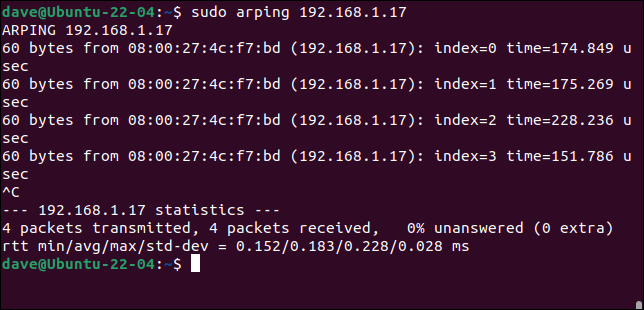 Utilizzo dell'arping con un indirizzo IP