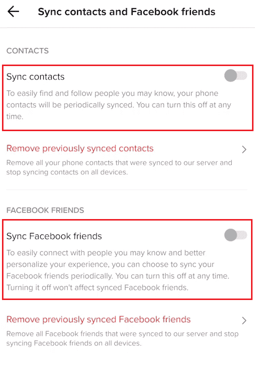 เปิดการสลับสำหรับ Sync รายชื่อติดต่อและ Sync ตัวเลือกเพื่อน Facebook TikTok