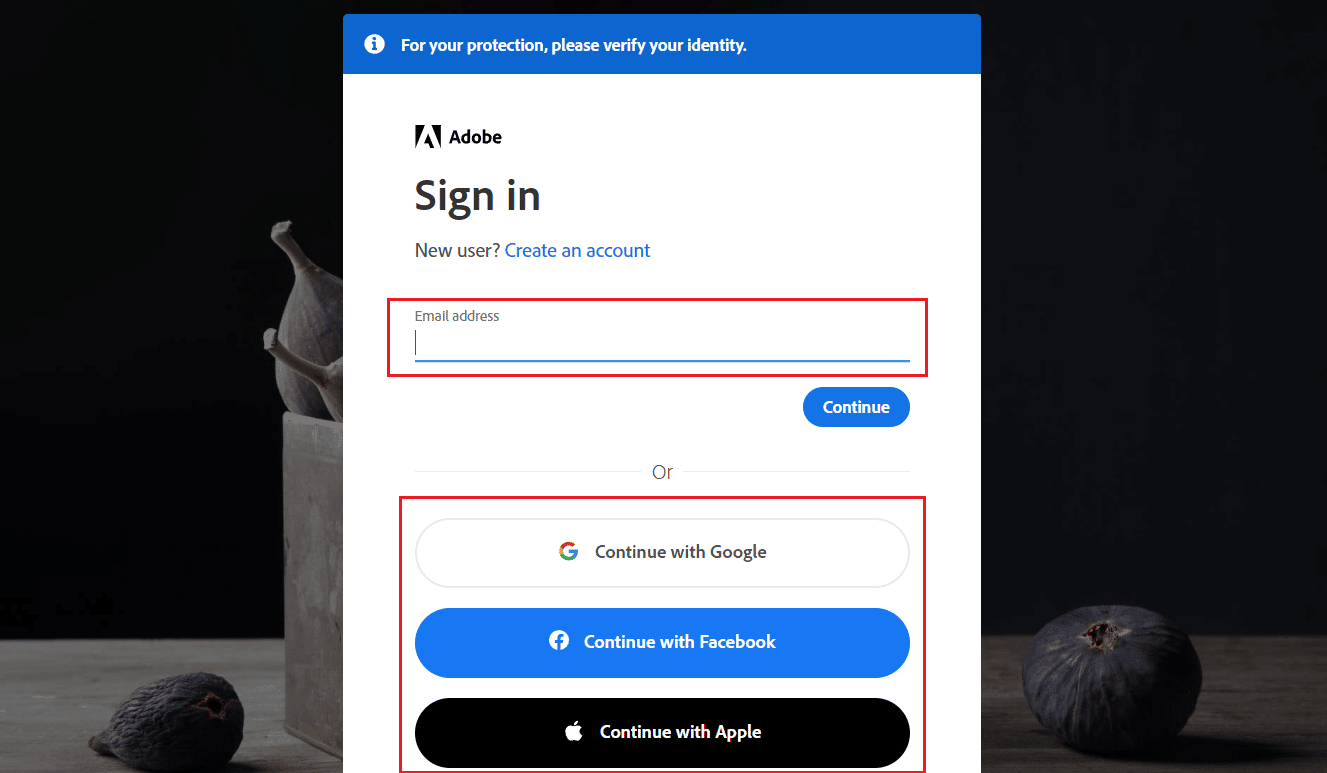 E-posta, Google, Facebook veya Apple hesabıyla Adobe hesabınızda oturum açın