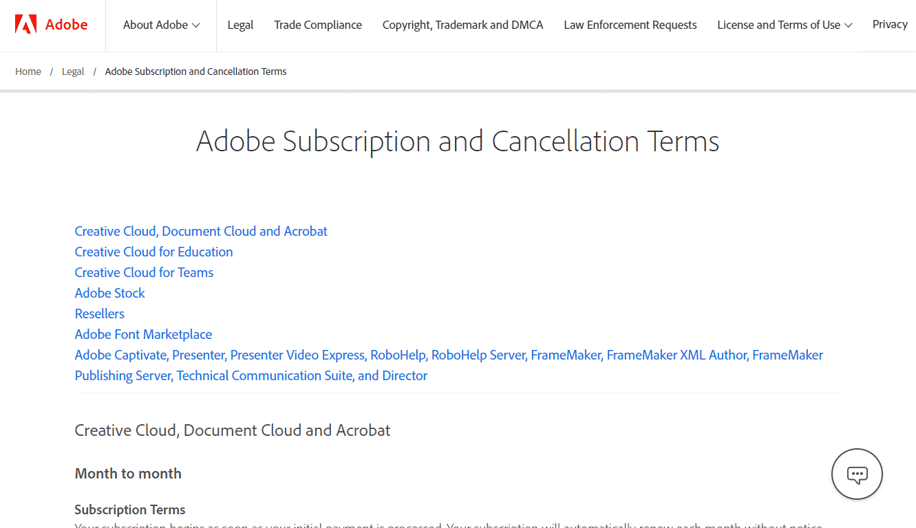 Adobe Abonelik ve İptal Koşulları web sayfası