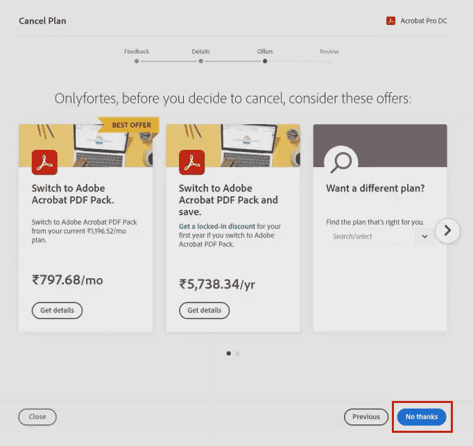 Teklifleri değerlendir sayfasından Hayır, teşekkürler'e tıklayın | Adobe Acrobat Aboneliği Nasıl İptal Edilir