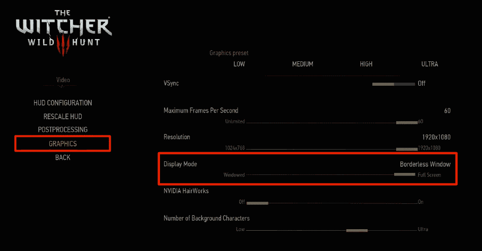 defina o modo de exibição para a janela sem borda de tela cheia na configuração gráfica do witcher 3