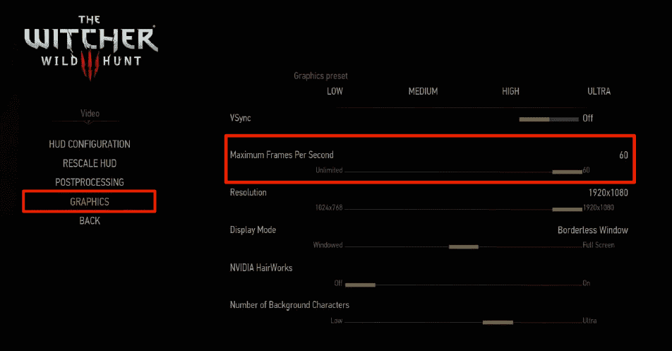 defina o máximo de quadros por segundo para 60 ilimitados na configuração gráfica do witcher 3