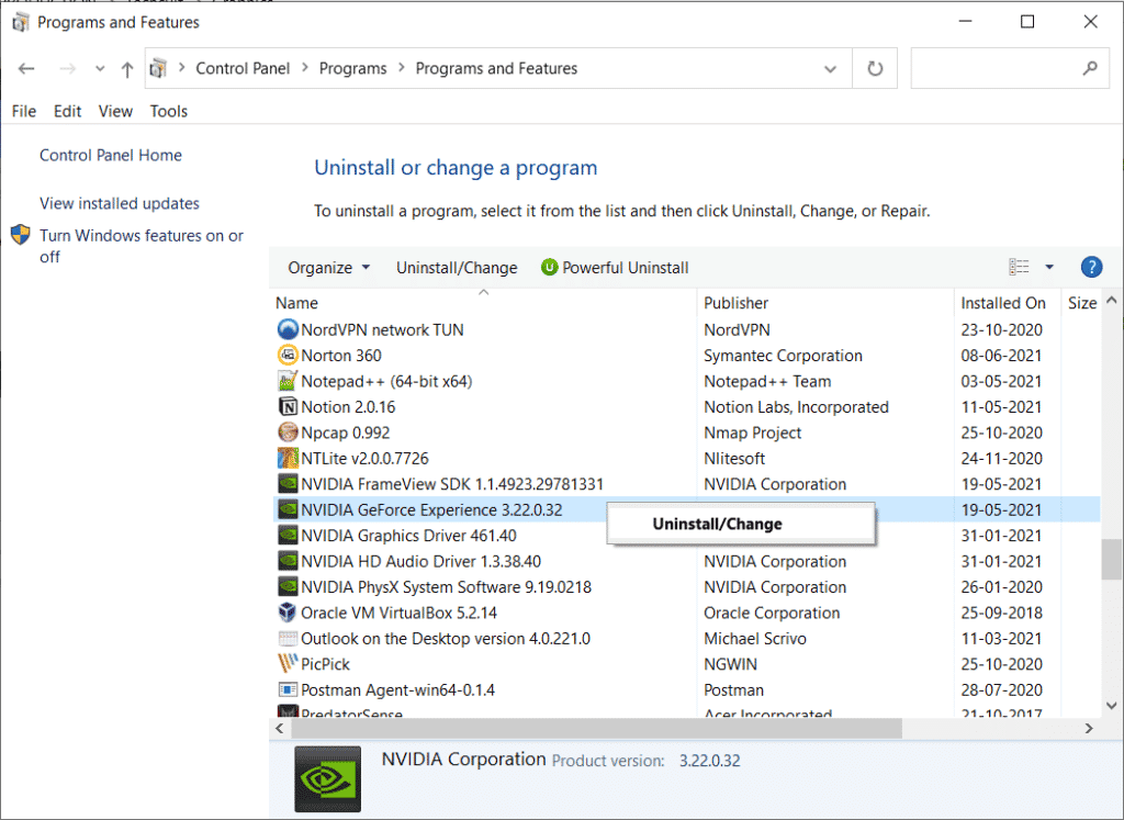 Odinstaluj GeForce Experience. Napraw błąd GeForce HRESULT E Fail w systemie Windows 10