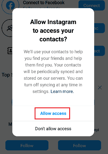 ป๊อปอัป อนุญาตให้ Instagram เข้าถึงผู้ติดต่อของคุณหรือไม่ การดำเนินการ: อนุญาตการเข้าถึงหรือไม่อนุญาตให้เข้าถึง | วิธีค้นหาผู้ติดต่อบน Instagram