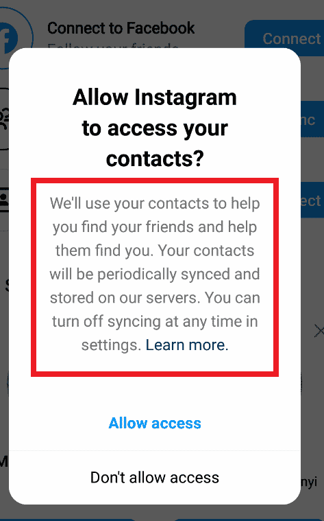 อนุญาตให้ Instagram เข้าถึงเมนูป๊อปอัปผู้ติดต่อของคุณ การดำเนินการ: อนุญาตการเข้าถึงหรือยกเลิก | วิธีค้นหาผู้ติดต่อบน Instagram