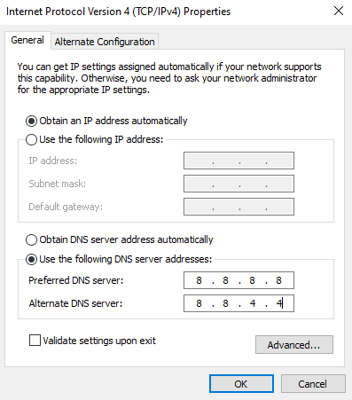 เลือกไอคอน ใช้ที่อยู่เซิร์ฟเวอร์ DNS ต่อไปนี้ แก้ไขข้อผิดพลาด League of Legends 004 ใน Windows 10