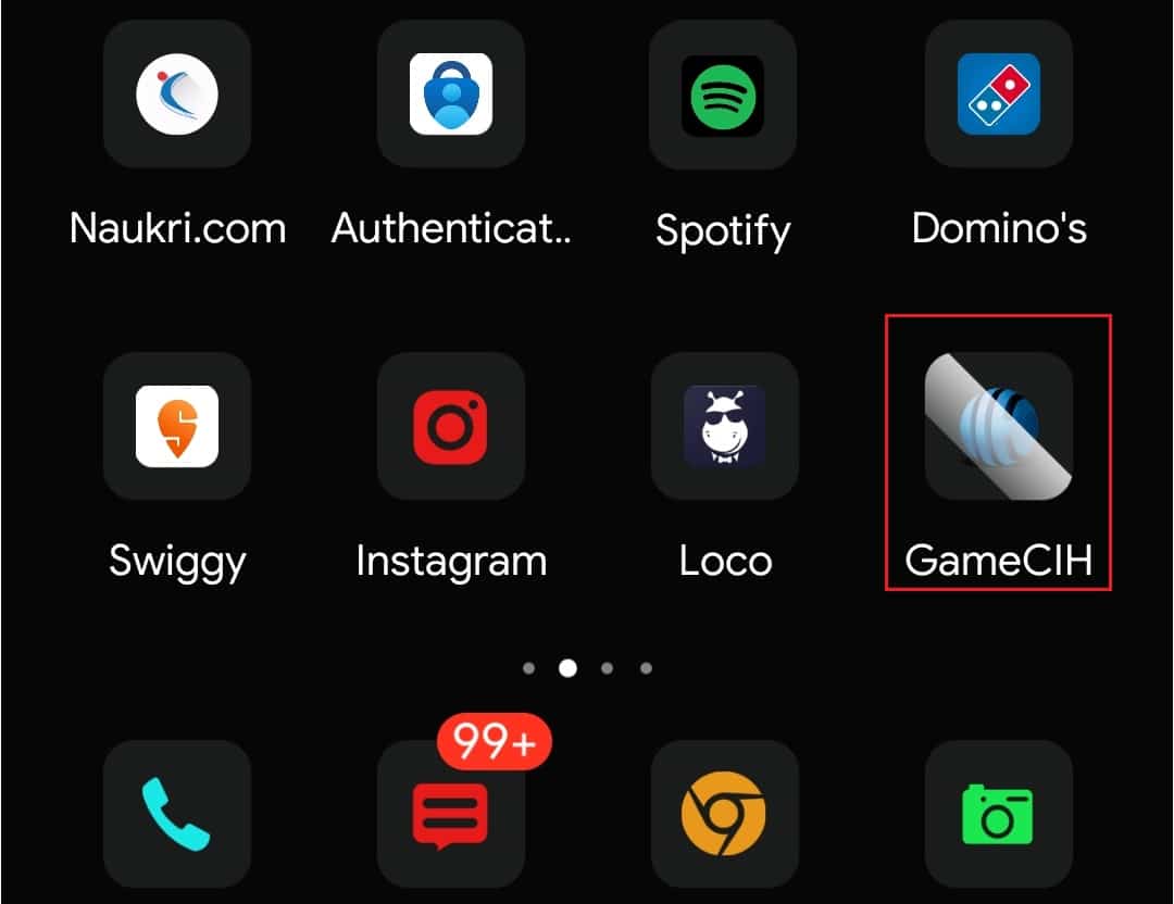 apri l'app gameCIH dalla schermata iniziale del dispositivo Android