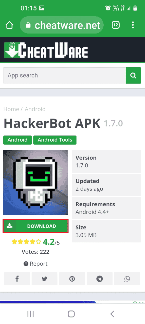 Apri il sito Web ufficiale dell'HackerBot APK 1.7.0 e tocca il pulsante DOWNLOAD. Come hackerare qualsiasi gioco su Android