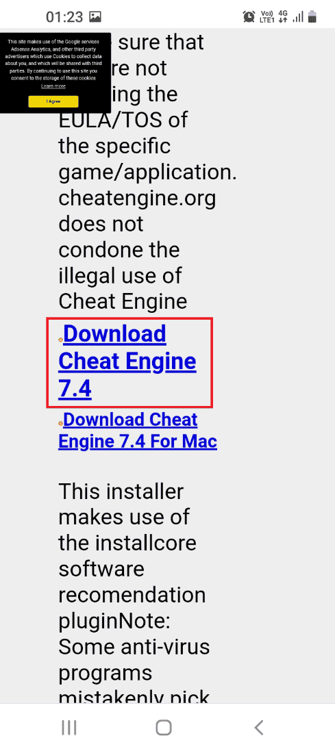 Apri il sito Web ufficiale dell'app Cheat Engine e tocca il link Download Cheat Engine 7.4