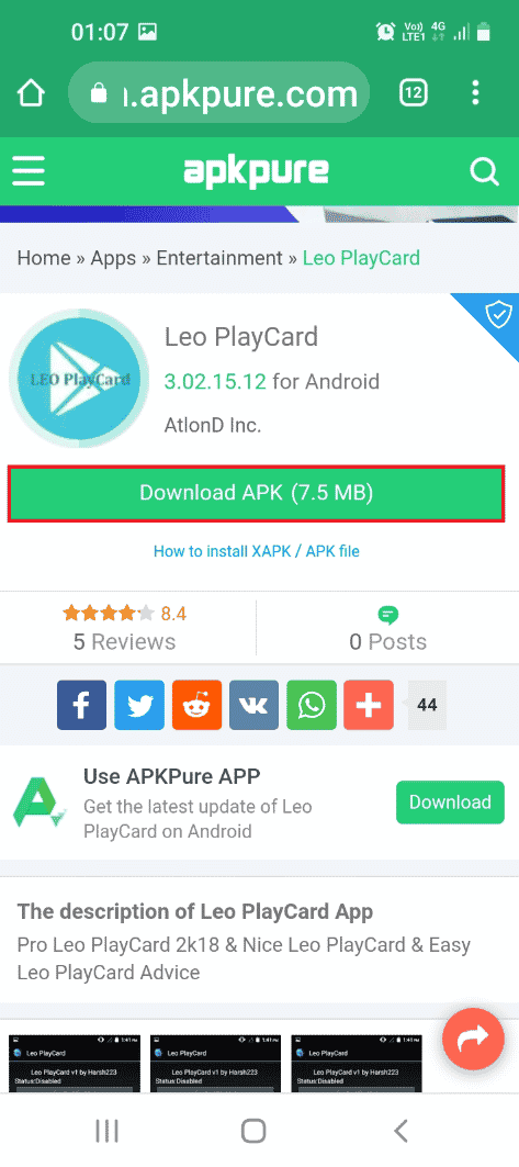 Apri il sito Web ufficiale dell'app LeoPlay Card e tocca il pulsante Scarica APK 7,5 MB