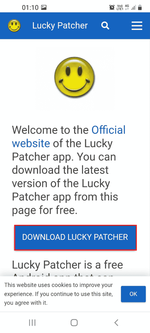 Apri il sito Web ufficiale dell'app Lucky Patcher e tocca il pulsante SCARICA LUCKY PATCHER