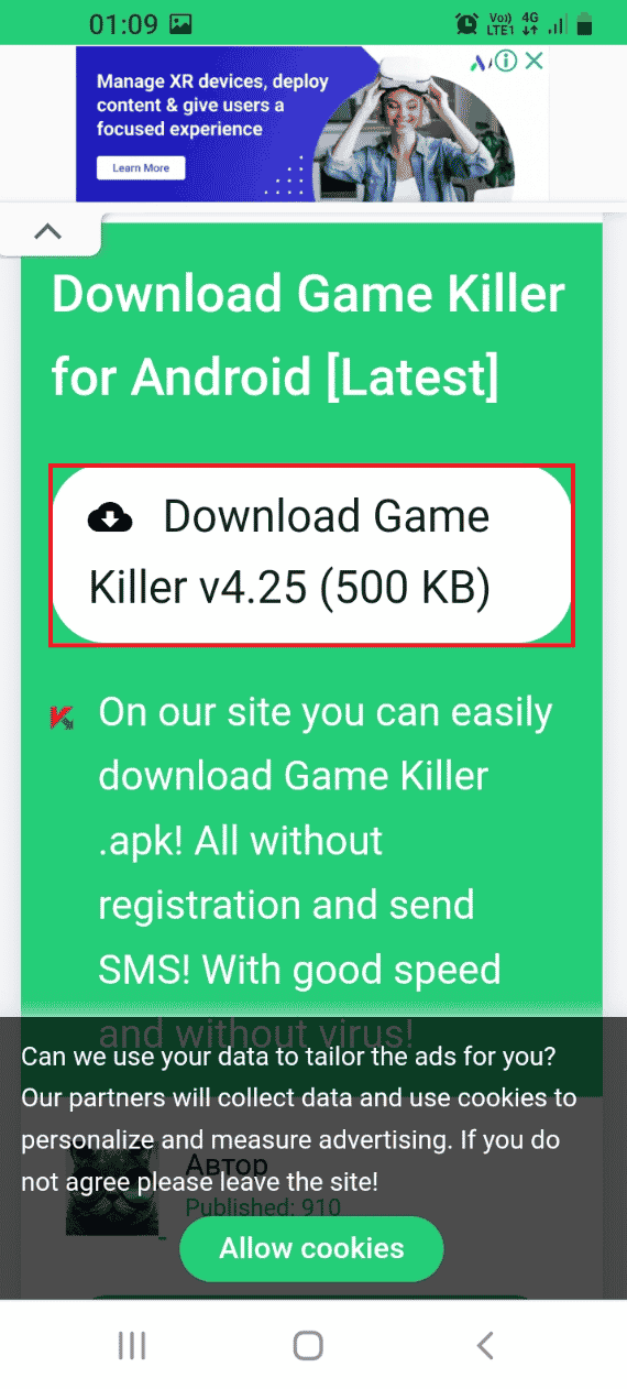 Apri il sito ufficiale del Game Killer 2019 e tocca il pulsante Download Game Killer v4.25 500KB