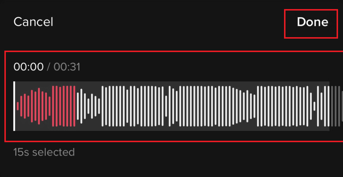 ตัดเสียงที่เลือกโดยใช้แถบเลื่อนแล้วแตะ Done | วิธีสร้างคลิปให้ยาวขึ้นบน TikTok