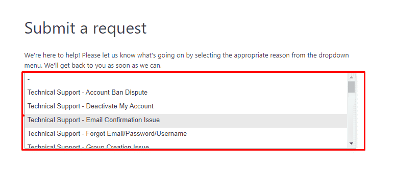 드롭다운 메뉴에서 귀하의 상황과 관련된 요청을 제출하십시오.