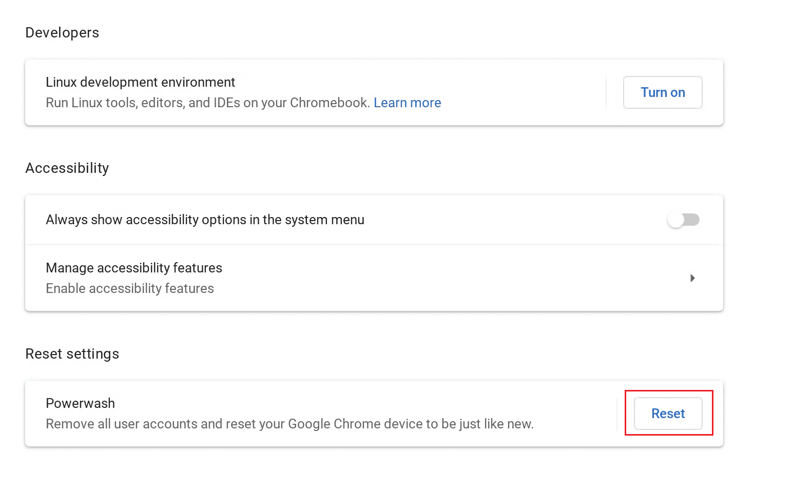 Chromebook - รีเซ็ตจากตัวเลือก Powerwash | วิธีลบบัญชีออกจาก Chromebook