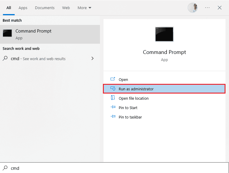 คลิกขวาที่ตัวเลือก Command Prompt จากนั้นเลือก Run as Administrator