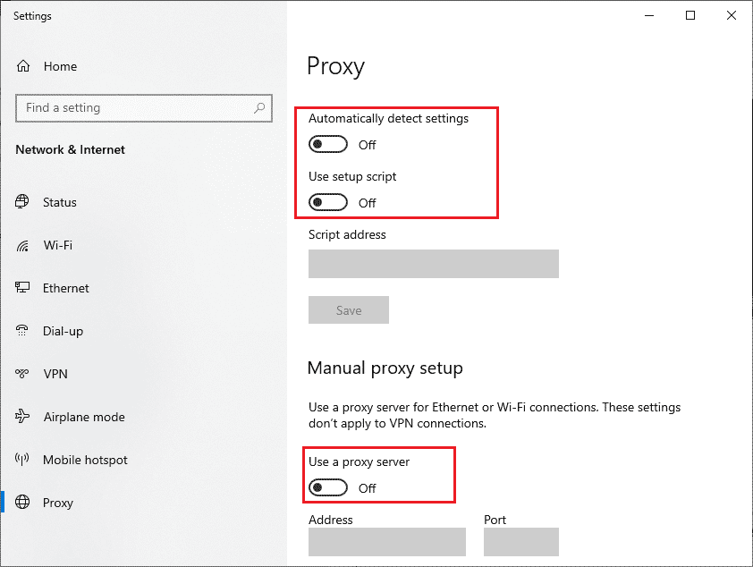 สลับปิดพร็อกซีเซิร์ฟเวอร์ แก้ไขข้อผิดพลาด OneDrive 0x8004de40 ใน Windows 10