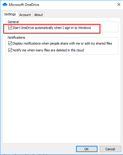 ยกเลิกการเลือกตัวเลือก เริ่ม OneDrive โดยอัตโนมัติเมื่อฉันลงชื่อเข้าใช้ Windows