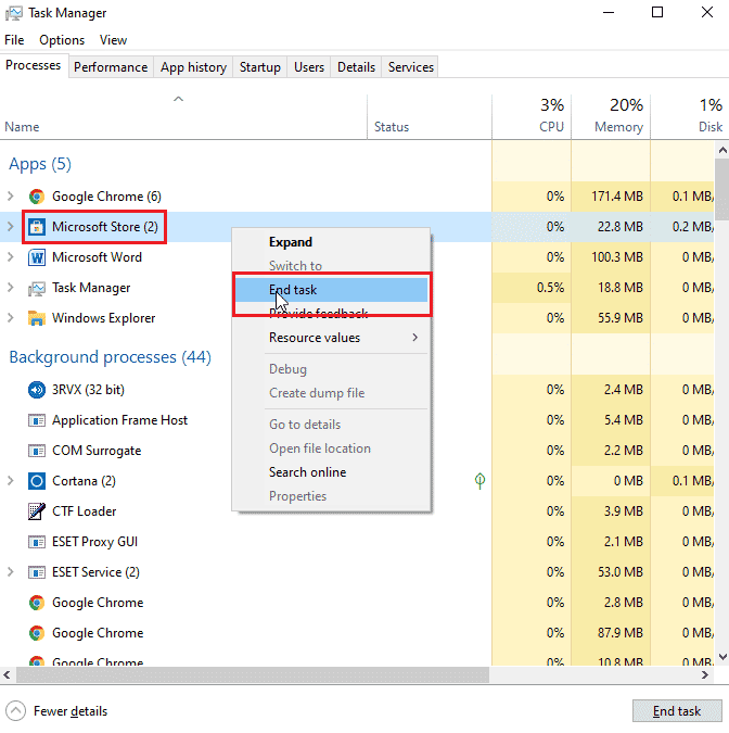 右鍵單擊微軟商店並選擇結束任務。修復 Windows 10 中的錯誤代碼 0x80d0000a
