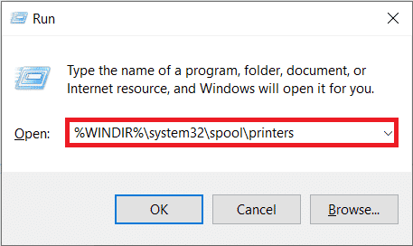 Tapez WINDIR system32 spool printers dans la boîte de commande et appuyez sur OK