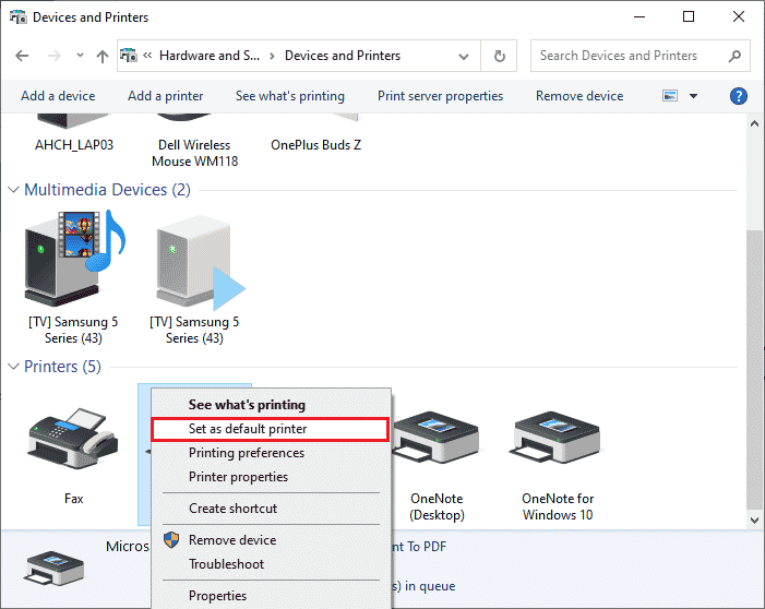 sélectionnez Définir comme imprimante par défaut. Correction d'une erreur d'impression dans Windows 10