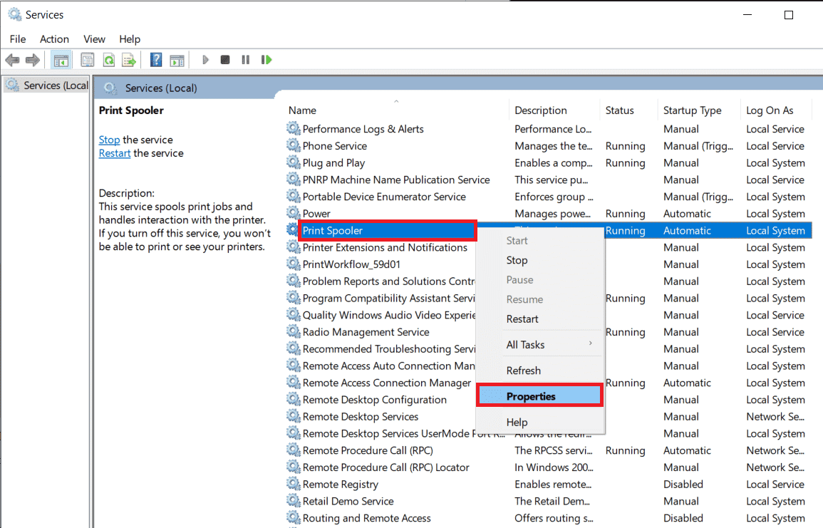 Faites un clic droit sur le service Spouleur d'impression et sélectionnez Propriétés. Correction d'une erreur d'impression dans Windows 10