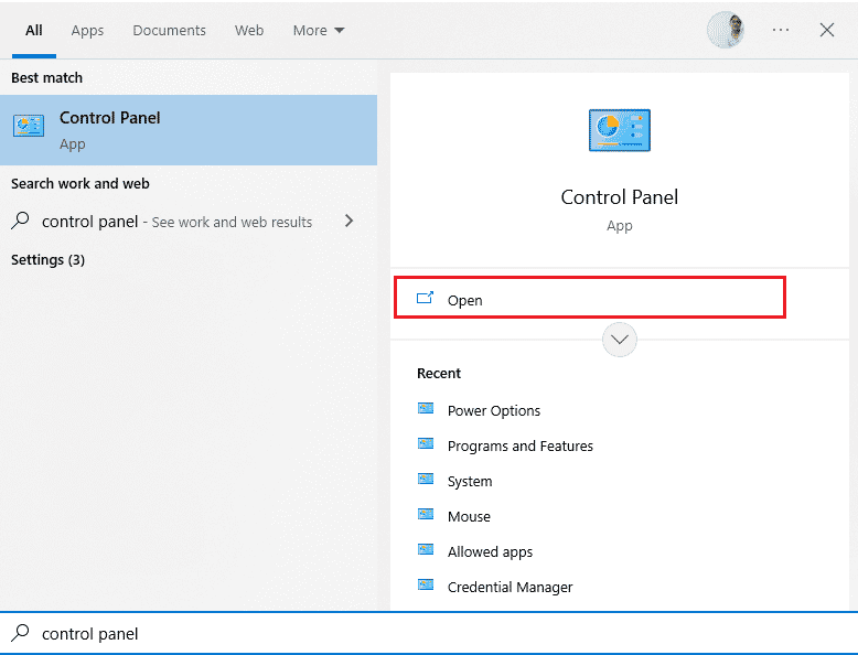 ouvrir le panneau de configuration