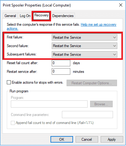 Basculez vers l'onglet Récupération et assurez-vous que trois onglets d'échec sont définis pour Redémarrer le service. Correction d'une erreur d'impression dans Windows 10