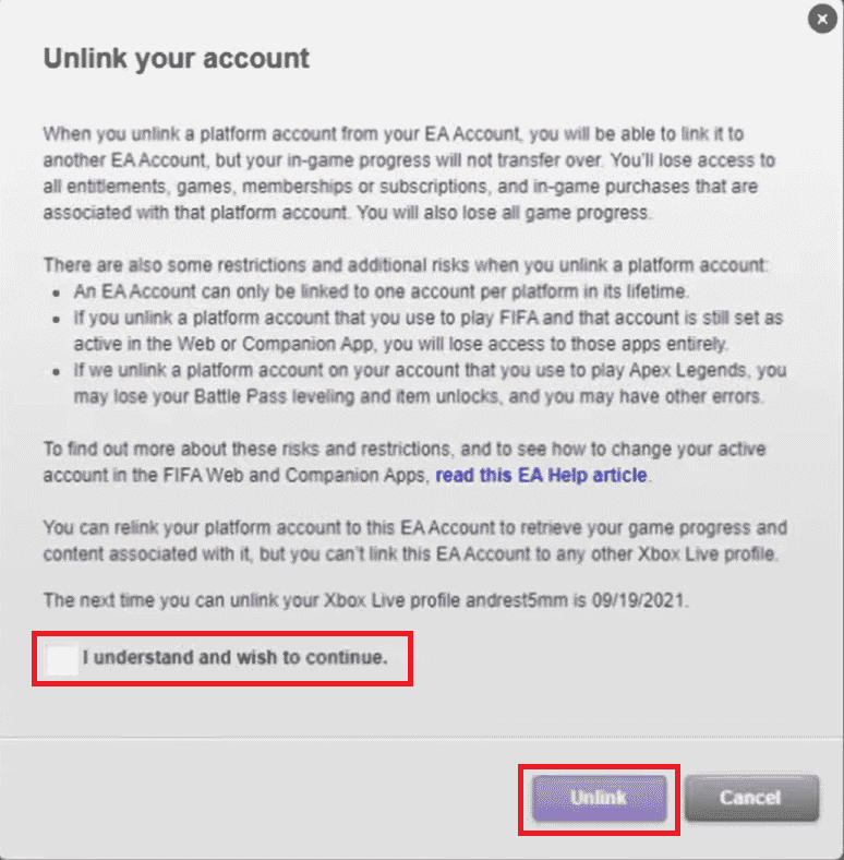 ทำเครื่องหมายที่ช่องและคลิกที่ Unlink ในป๊อปอัป | วิธียกเลิกการเชื่อมโยงบัญชี EA จาก Xbox