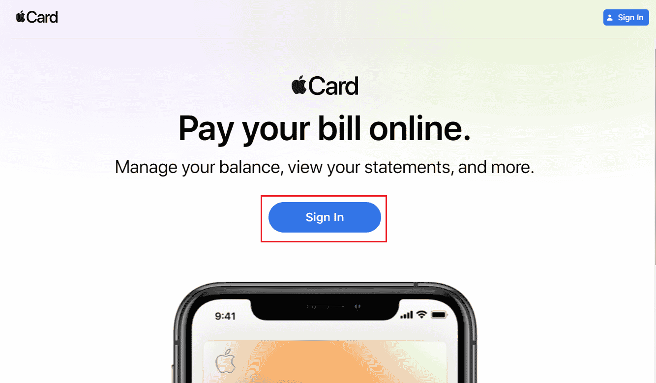 Visite el sitio web de Apple Card en su navegador y haga clic en Iniciar sesión | Cómo quitar la tarjeta de crédito de la ID de Apple