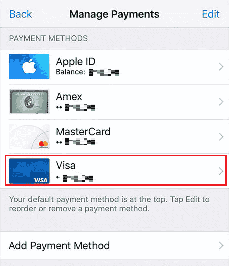 De todos sus métodos agregados, toque el método de pago deseado que desea eliminar | Cómo quitar la tarjeta de crédito de la ID de Apple