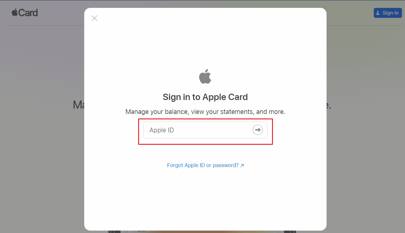 Inicie sesión en Apple Card con su ID y contraseña de Apple