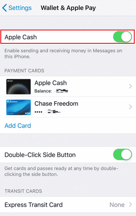 apague la palanca para Apple Cash desde la parte superior