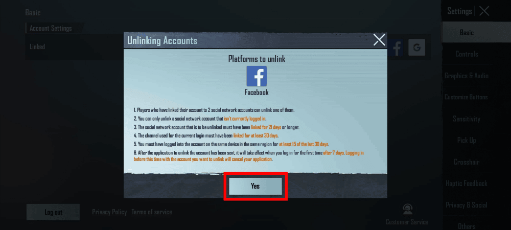 แตะที่ใช่เพื่อยกเลิกการเชื่อมโยงบัญชี Facebook | วิธีลบบัญชี PUBG Mobile ของคุณอย่างถาวร