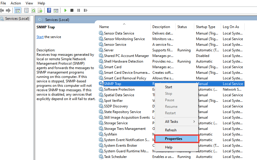 เลือกคุณสมบัติกับดัก SNMP แก้ไขปัญหาโปรไฟล์เครือข่าย Windows 10 ที่ขาดหายไป